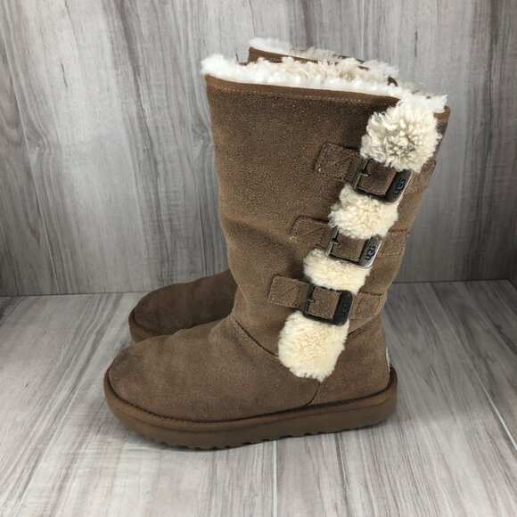 UGG Boots Womens 6 Klea Brown Suede Slip On Winter Shearling Lined - Picture 2 of 10